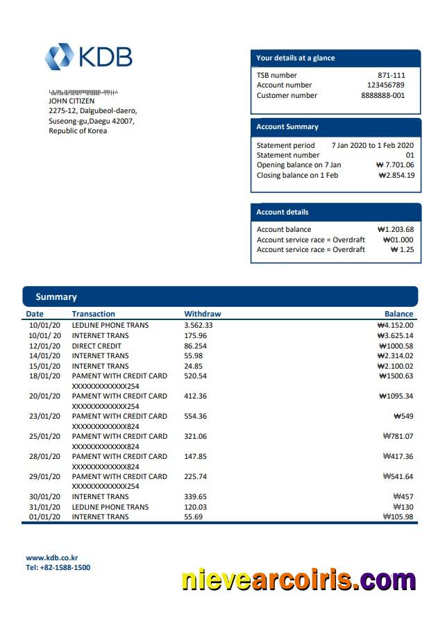 South Korea KDB bank proof of address statement in Word and PDF format